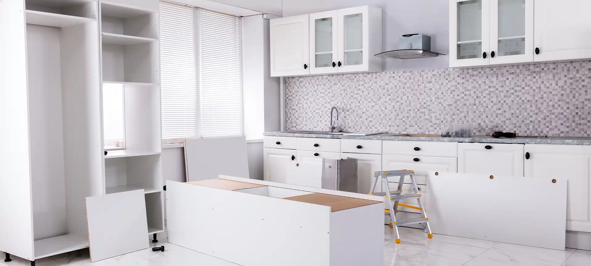 Installation Of Wooden Cabinets In The White Clean Modular Kitchen