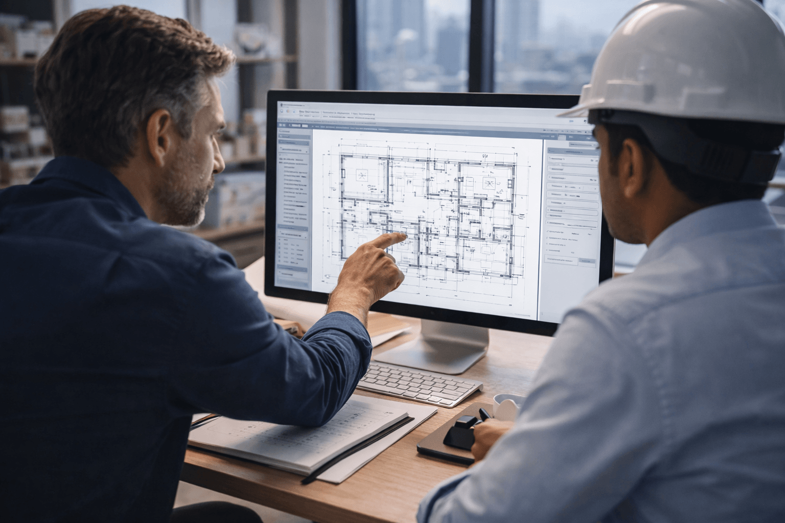 Architect and engineer reviewing a digital floor plan for DOB NOW filing NYC renovations on a large monitor in a modern office.