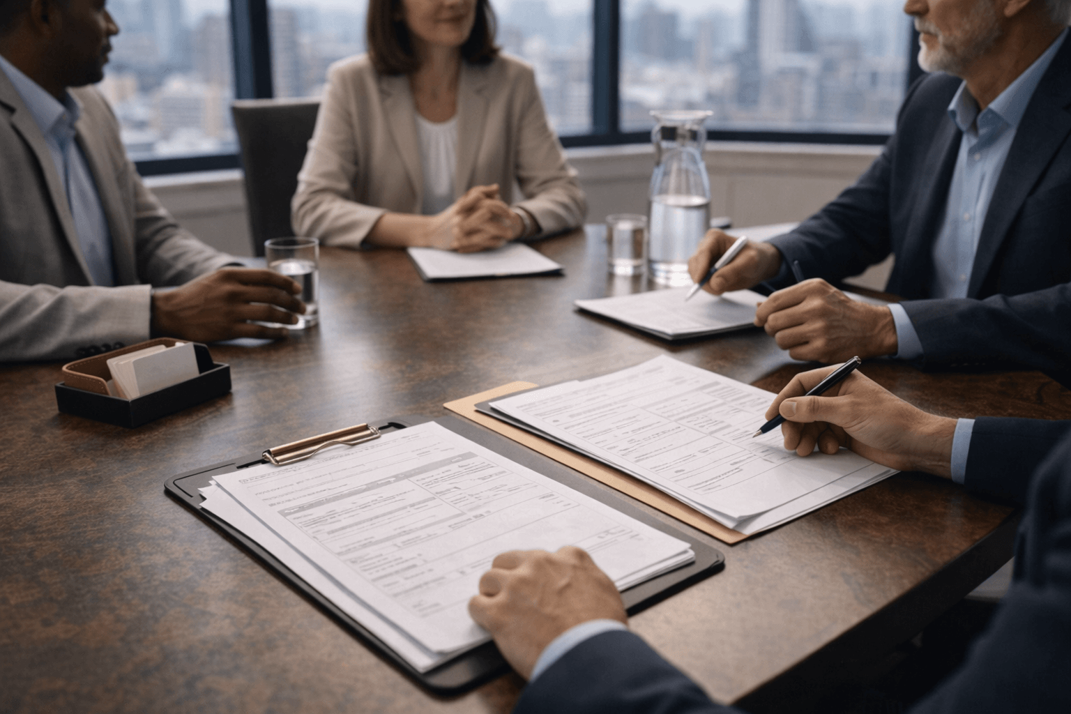 Professionals reviewing renovation paperwork together as part of DOB NOW filing NYC renovations with a city skyline in the background.