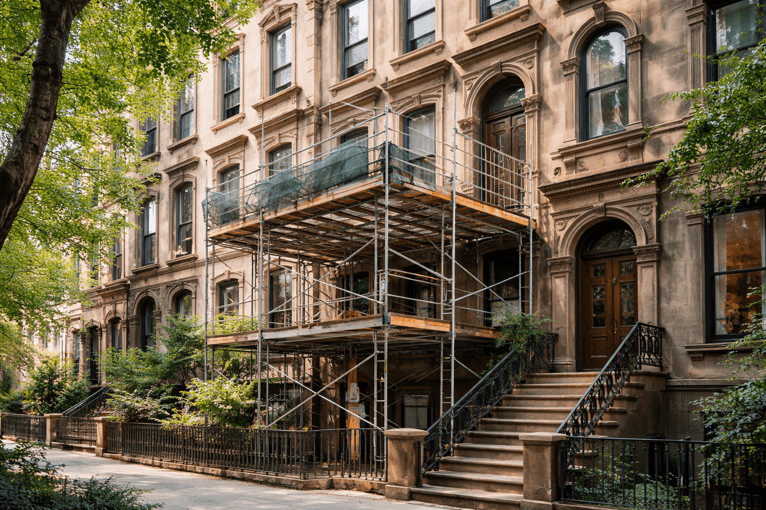 Brooklyn brownstone with scaffolding on a tree-lined street, representing property context for DOB NOW filing NYC renovations.