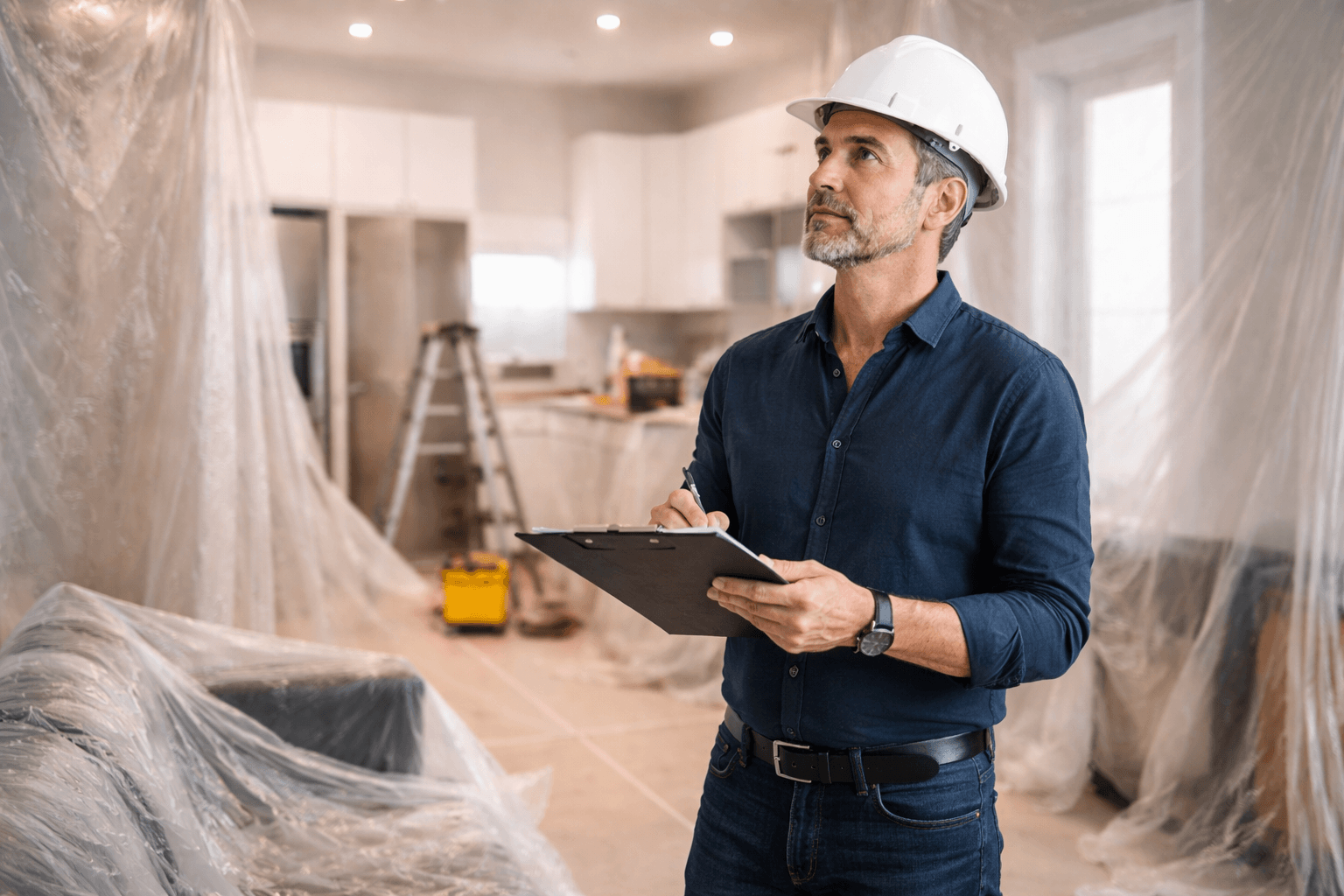Construction inspector taking notes inside a plastic-protected renovation site, supporting compliance for DOB NOW filing NYC renovations.