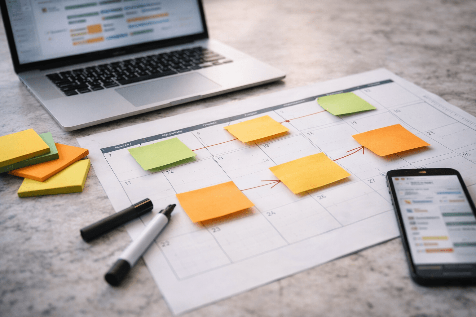 Renovation timeline planning with calendar and sticky notes, showing coordination for DOB NOW filing NYC renovations.