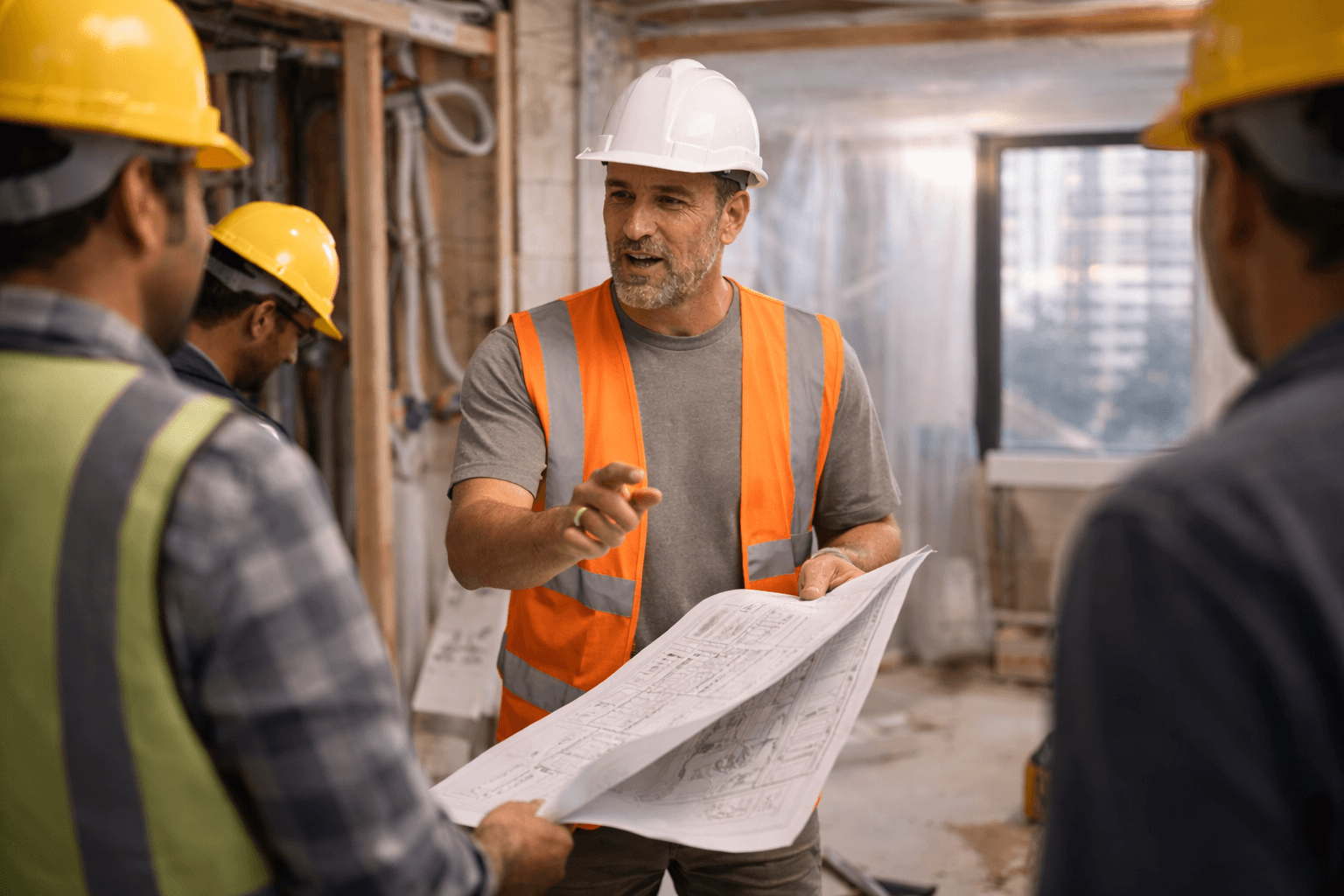Design build vs general contractor NYC&mdash;general contractor coordinating trades on a live apartment renovation site with plans in hand.