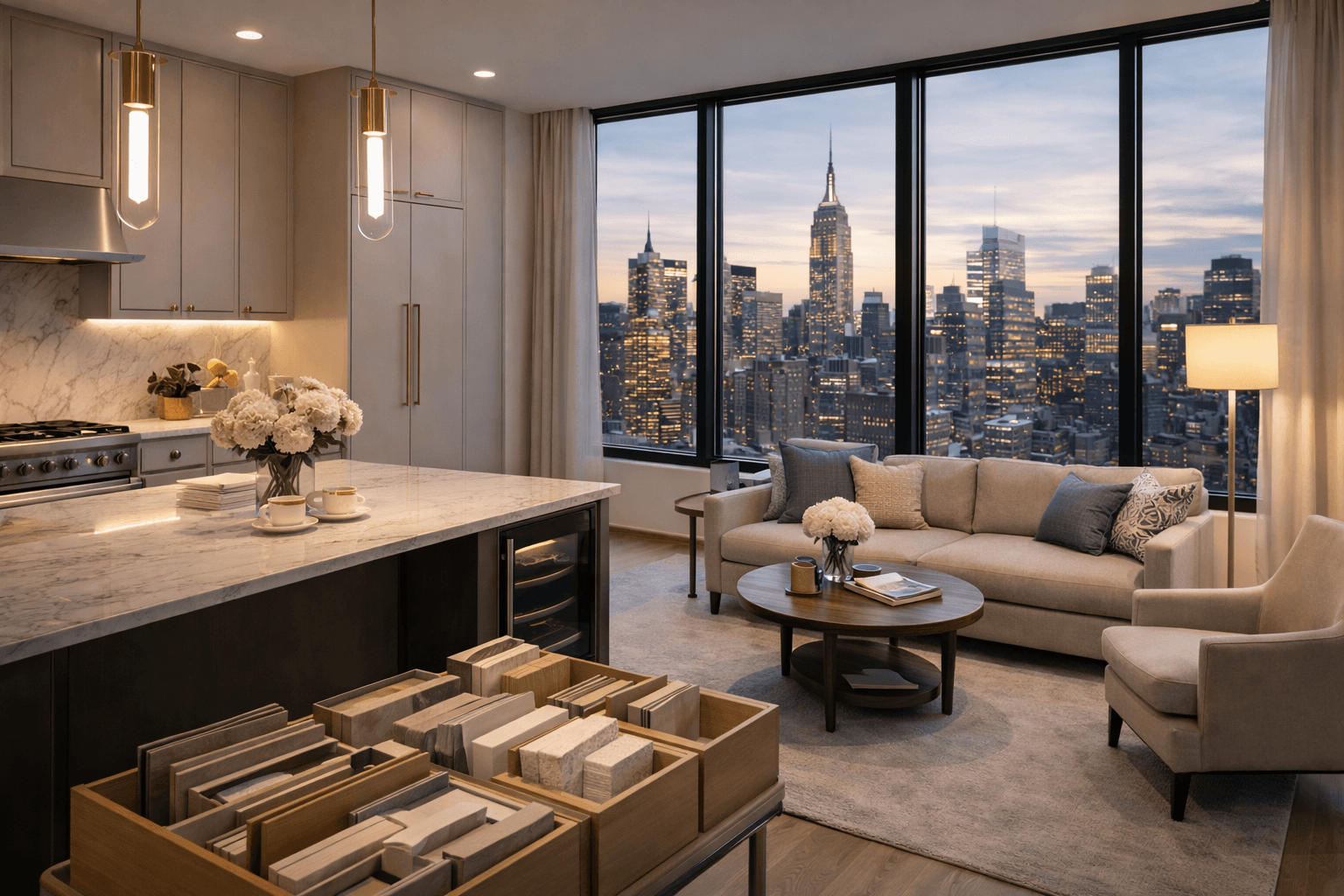 Design build vs general contractor NYC&mdash;completed luxury NYC kitchen and living space with skyline view, reflecting a coordinated renovation process.