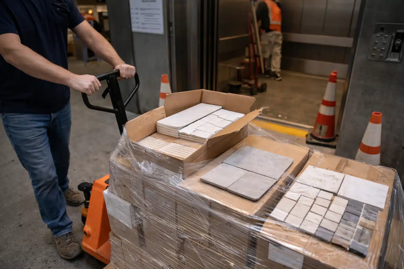 NYC Renovation Material Costs&mdash;renovation materials delivered via freight elevator with boxed tile and protective wrap in an NYC building.
