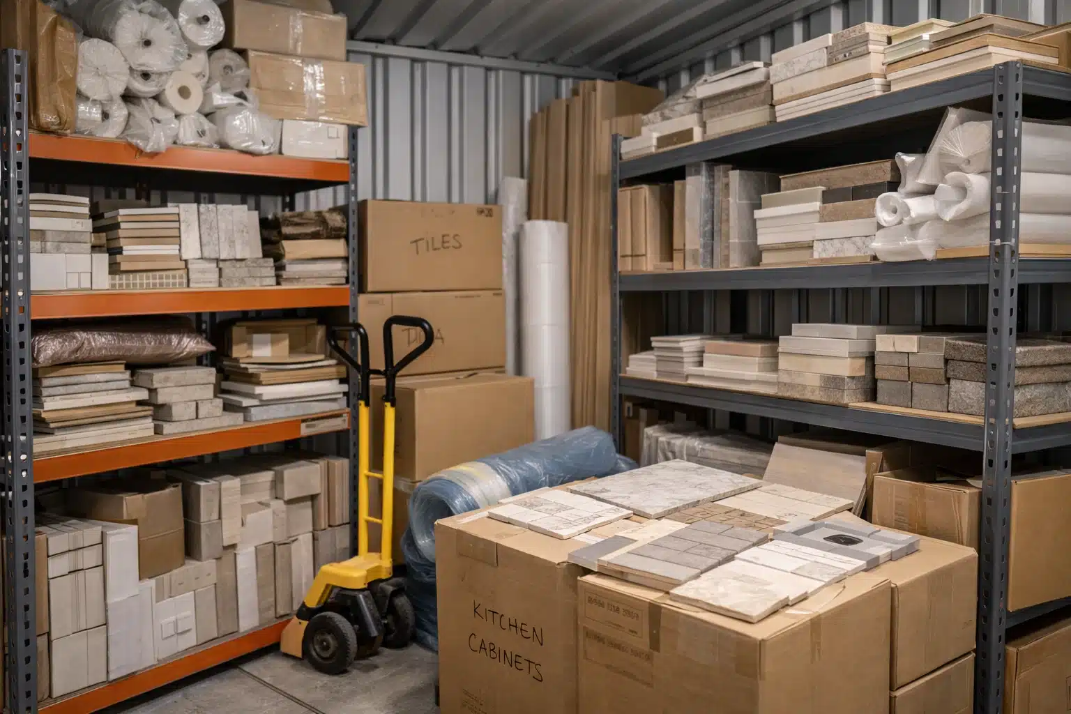 NYC Renovation Material Costs&mdash;organized offsite storage unit with tile, stone, and boxed materials staged to prevent jobsite delays.
