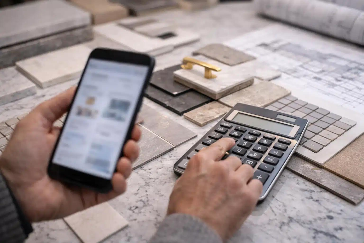 NYC Renovation Material Costs&mdash;homeowner comparing material pricing on a phone while calculating totals beside tile and hardware samples.