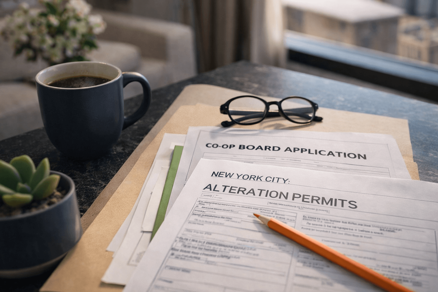 Co-op board renovation application and NYC alteration permit paperwork on a dark stone table with a coffee mug, glasses, and pencil in soft window light.
