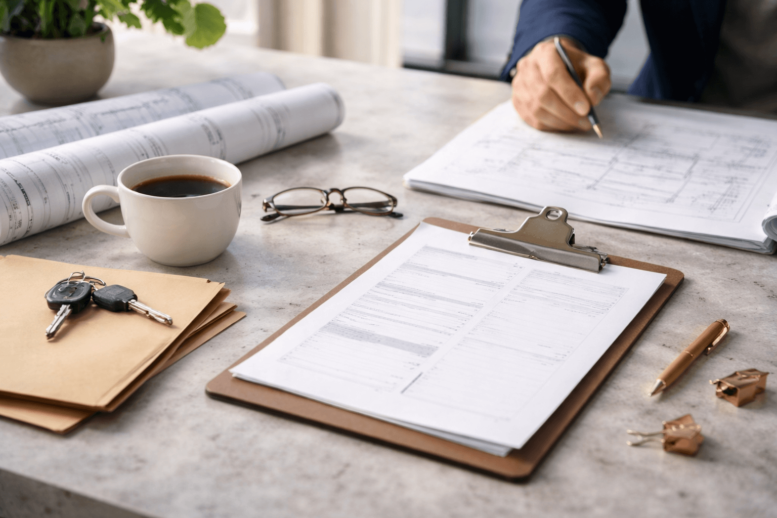 Renovation planning desk with blank permit-style forms, coffee, keys, and rolled plans on a marble surface.