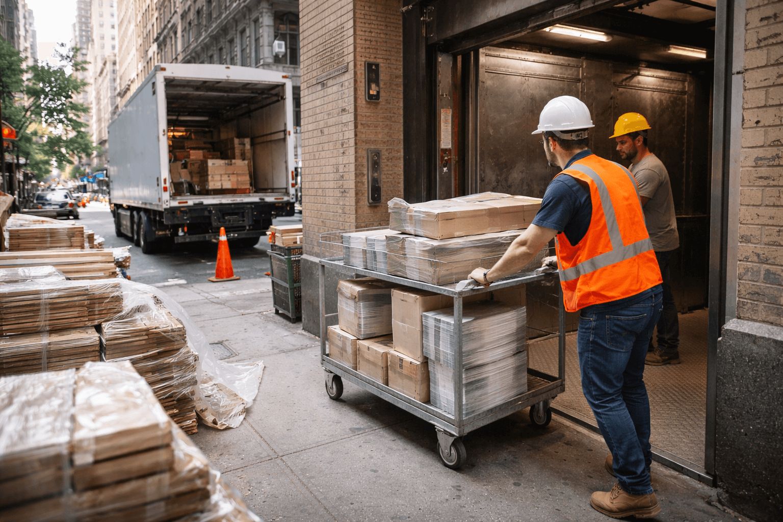 Workers unloading renovation materials from a delivery truck and moving them into a building freight elevator on a New York City street.