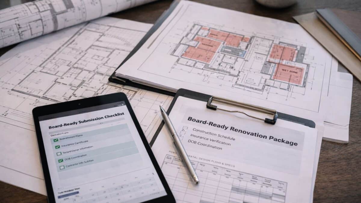 Organized architectural submission package with floor plans, checklist on a tablet, and neatly arranged documents representing a board-ready renovation package in NYC.