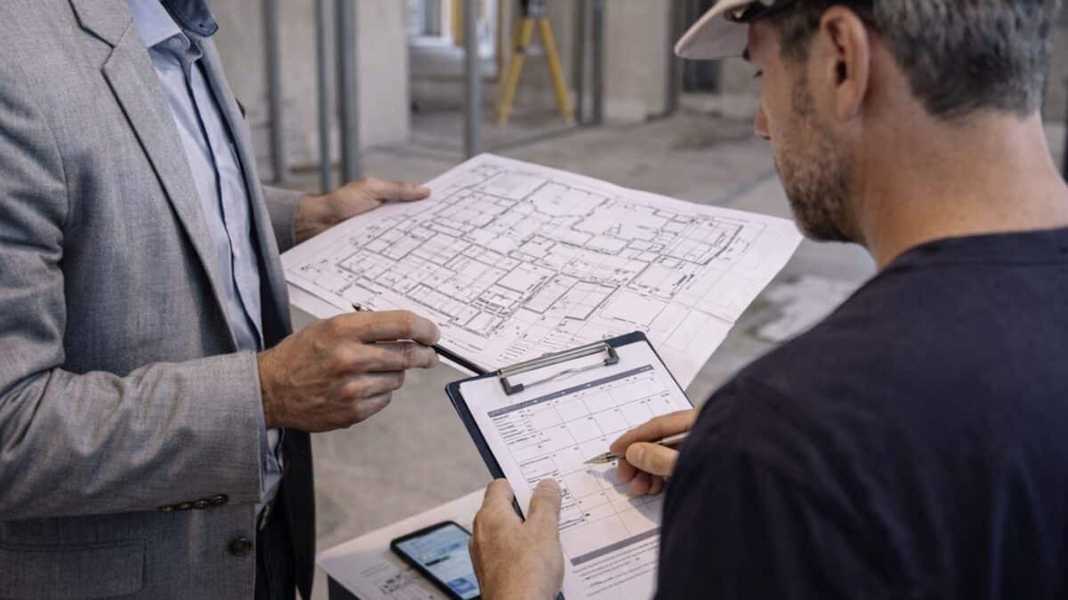 Architect and contractor reviewing NYC Condo Alteration Agreement, floor plans and construction schedule in an unfinished NYC apartment, coordinating pre-construction logistics.
