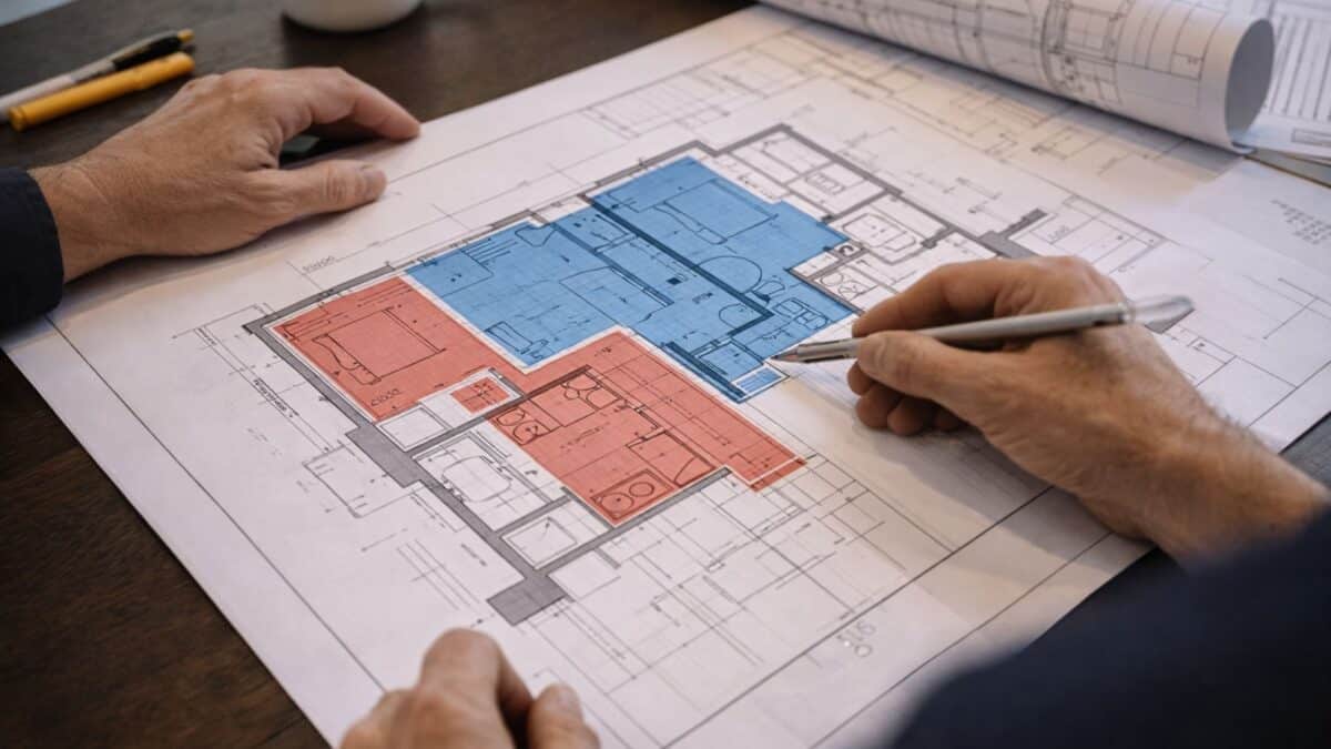 rchitect reviewing a floor plan with highlighted wet and dry zones, illustrating kitchen and bathroom placement considerations in a NYC renovation.