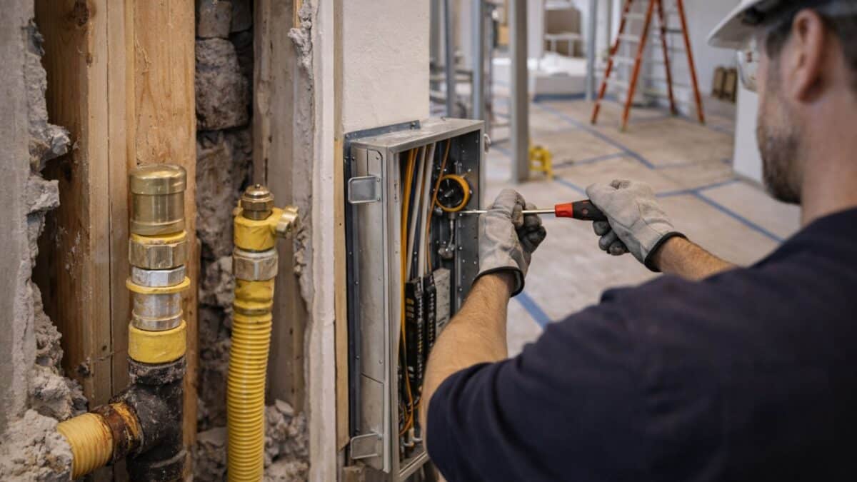nterior renovation showing a capped gas line alongside new electrical panel work, illustrating the transition from gas infrastructure to all-electric systems in a NYC apartment.