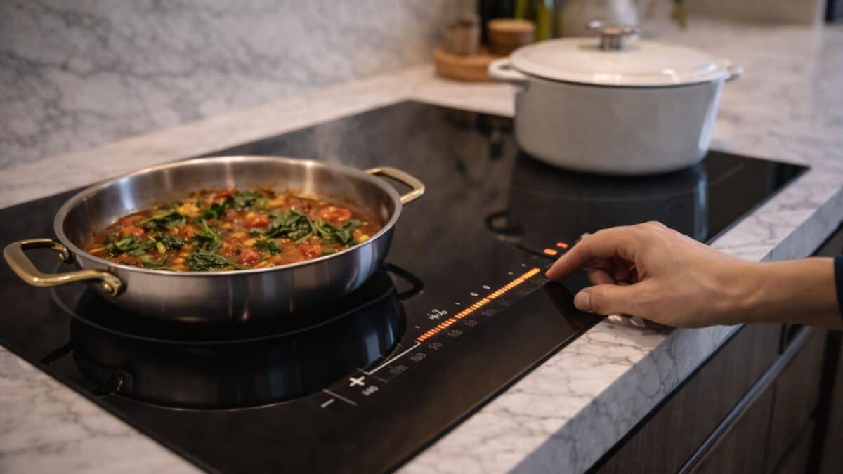 Close-up of a modern induction cooktop in use, with a pan of food cooking on a sleek black surface and illuminated touch controls integrated into a marble countertop