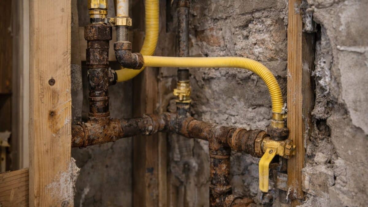 Close-up of aging and corroded gas piping inside a wall cavity, showing rusted joints, worn fittings, and deteriorating infrastructure in a NYC building.