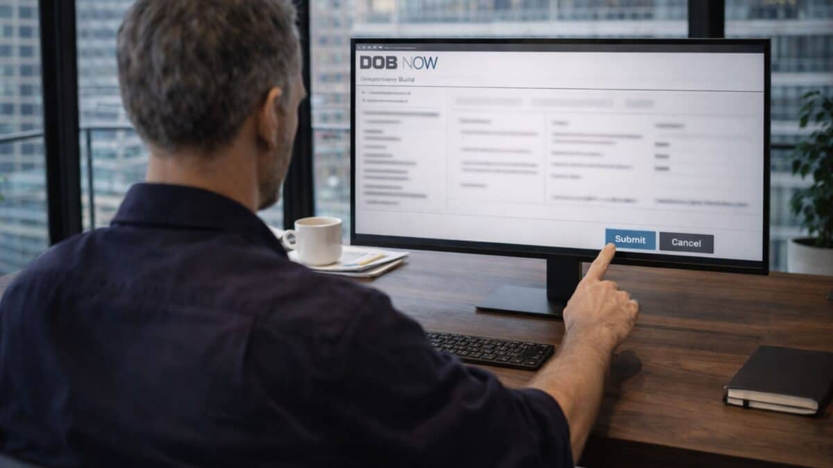 Professional submitting building compliance documents on a computer in a NYC office, representing digital filing through DOB NOW.