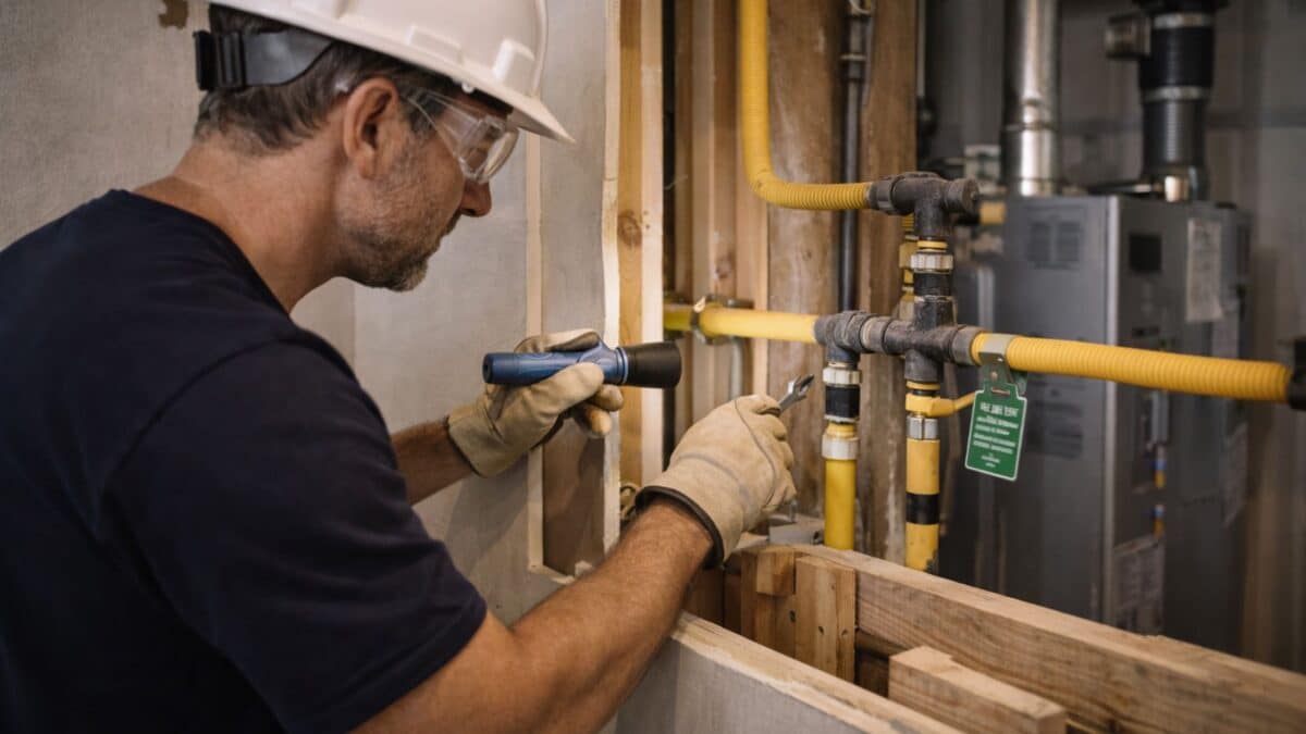 Licensed plumber inspecting exposed gas piping within a wall cavity, examining connections and fittings during a Local Law 152 compliance gas check.
