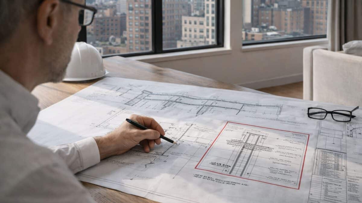 Architect reviewing detailed structural drawings and blueprints on a table in a NYC apartment, with skyline views in the background.
