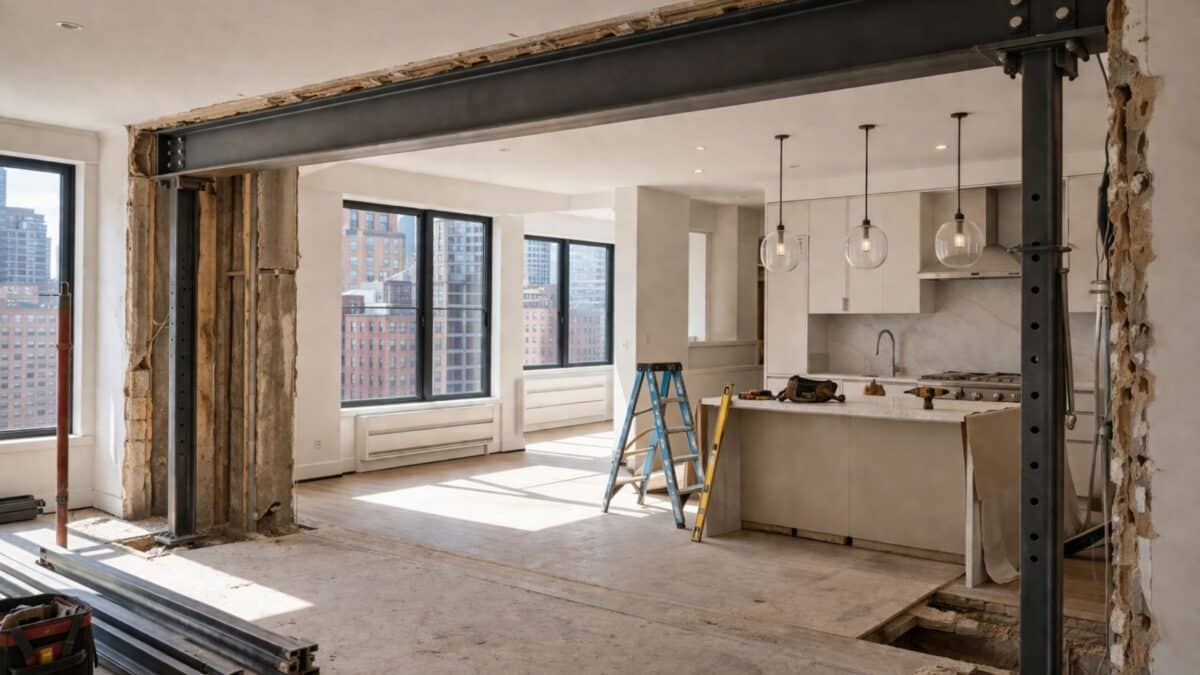 NYC apartment under renovation with a large exposed steel beam supported by temporary columns, replacing a removed load-bearing wall while opening the space between kitchen and living areas.