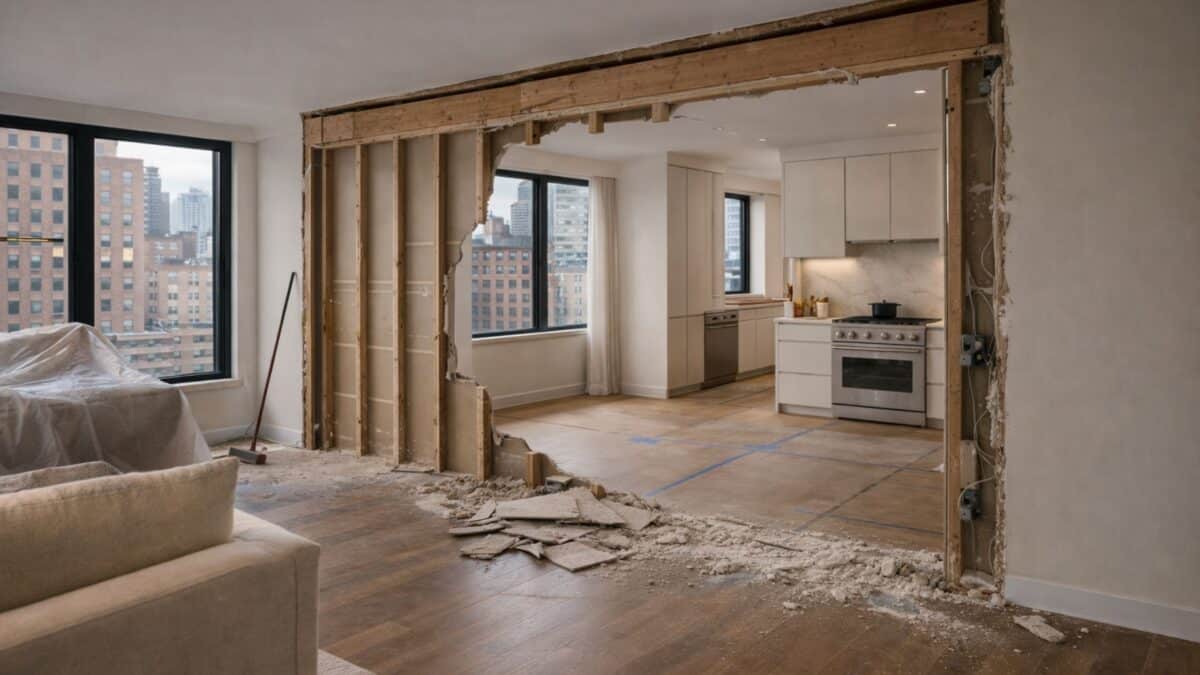 NYC apartment mid-renovation with a partially demolished wall, exposed studs, and debris on the floor revealing an open connection between kitchen and living space.