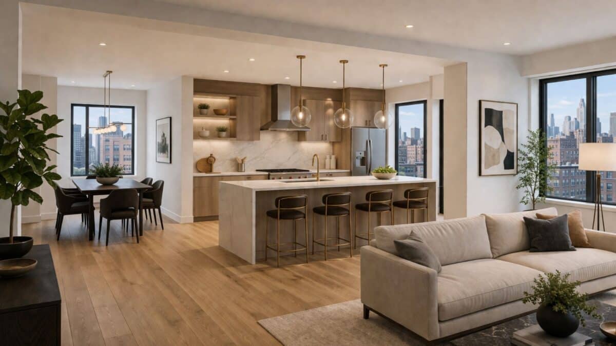 Bright open-concept NYC apartment with a seamless kitchen, living, and dining area featuring a large island, natural light, and city skyline views.