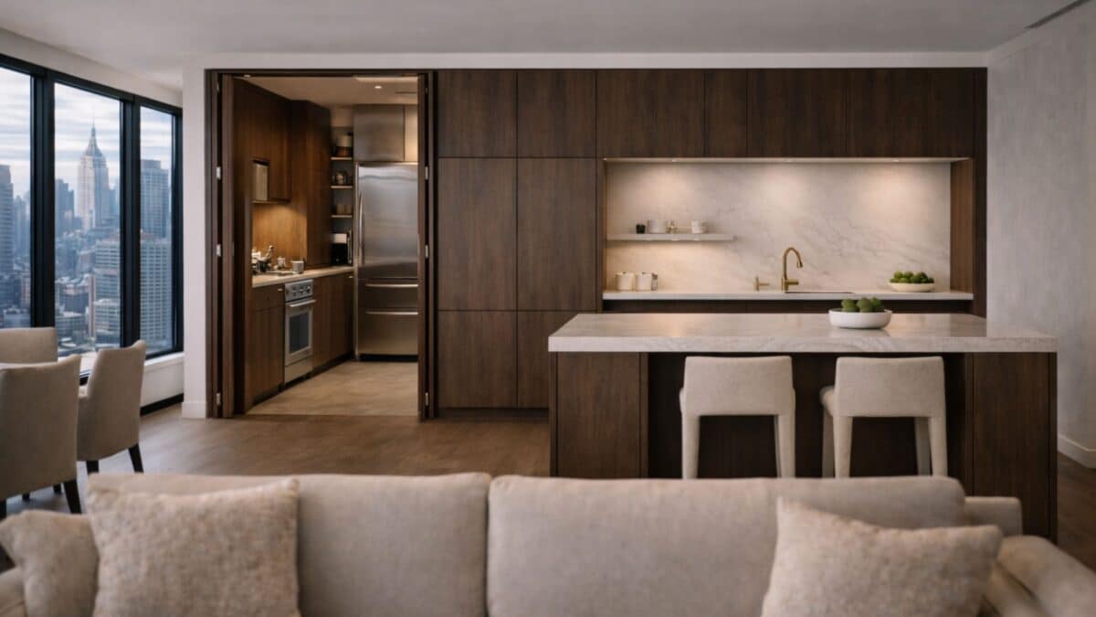 Luxury NYC apartment featuring a minimalist show kitchen in the main space and a fully equipped prep kitchen visible through an open concealed doorway behind cabinetry.