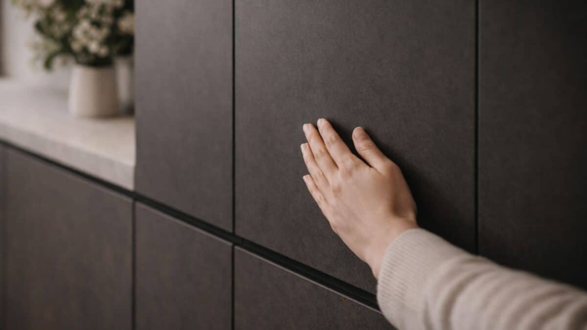 Close-up of a hand touching ultra-matte handleless cabinetry, highlighting the smooth, anti-fingerprint surface typical of high-end invisible kitchen materials.