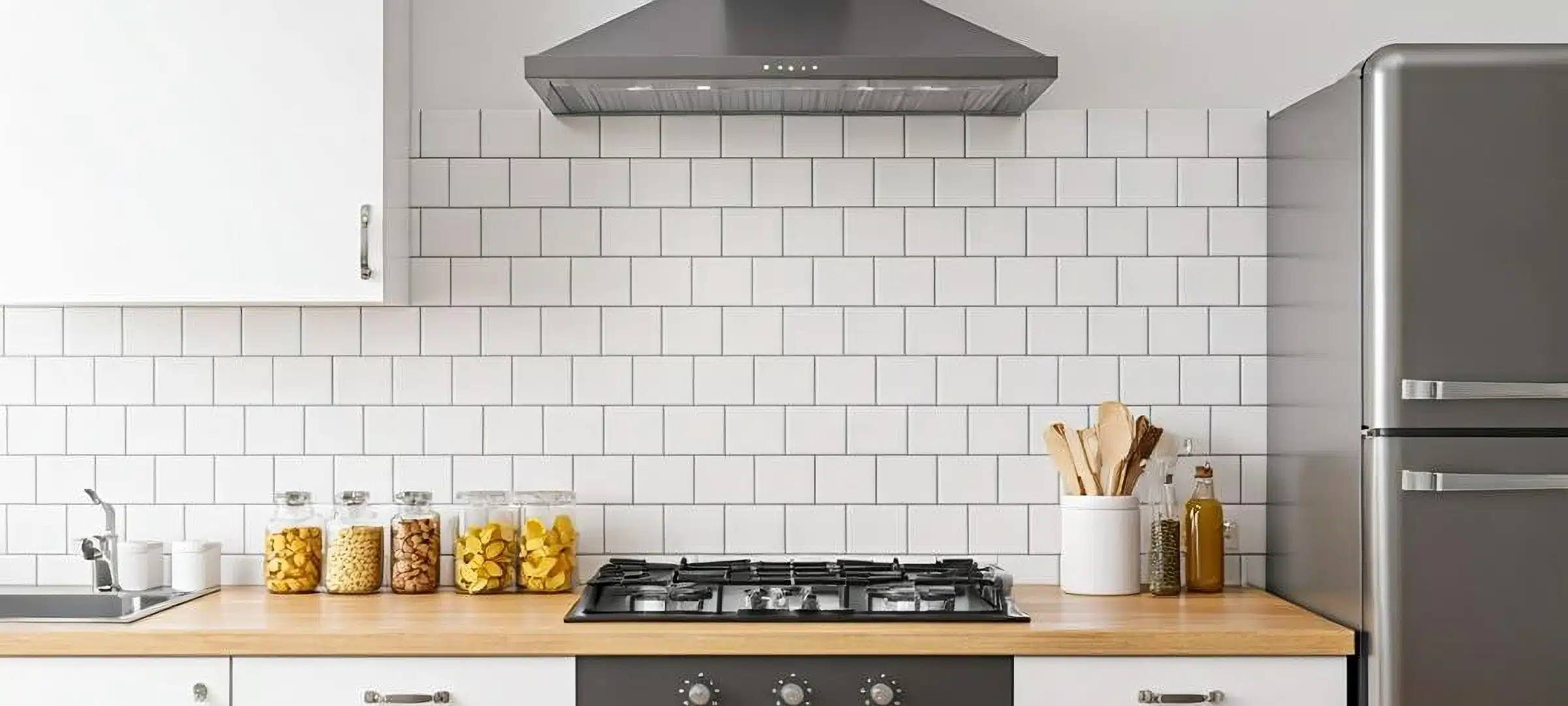 Hero Image White Subway Tile Kitchen Stainless Steel Gas Stove Stainless Steel Refrigerator With kitchen utensils and appliances on the counter