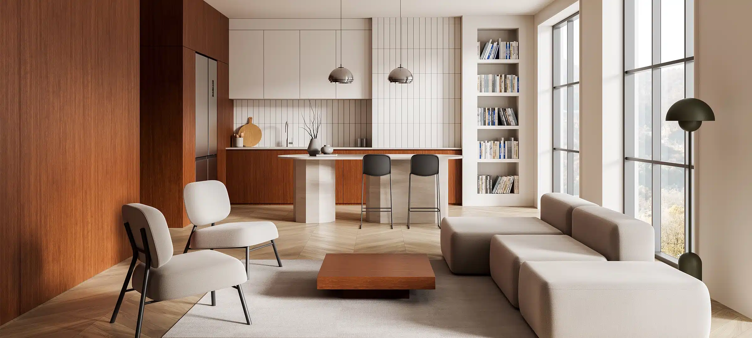 Stylish modern interior showing open living room and kitchen with wood elements, neutral furniture, large windows, and bookshelves on bright background.