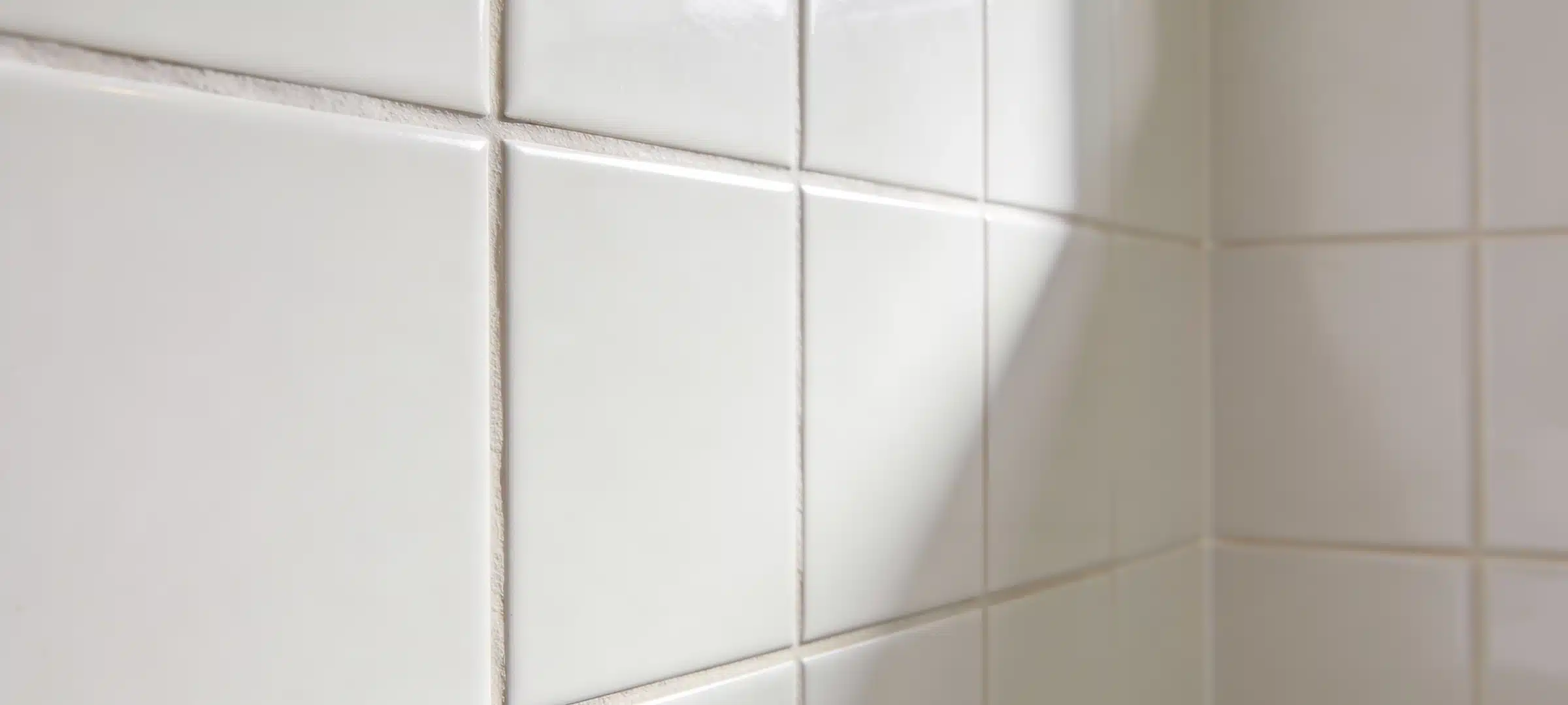 A detailed view of a tiled wall, showcasing the texture and grout lines with soft light casting shadows across the clean white squares