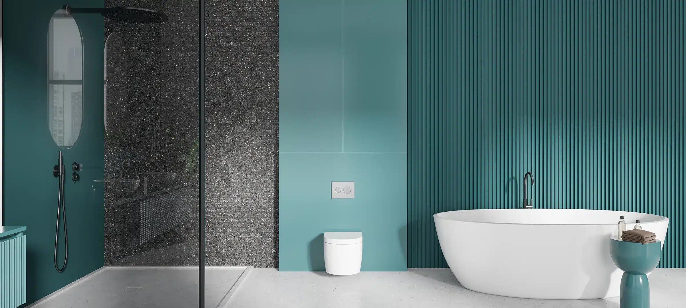 Modern bathroom with teal accents, freestanding bathtub, and walk-in shower with black tiles. Minimalist design, elegant home interior. 3D Rendering