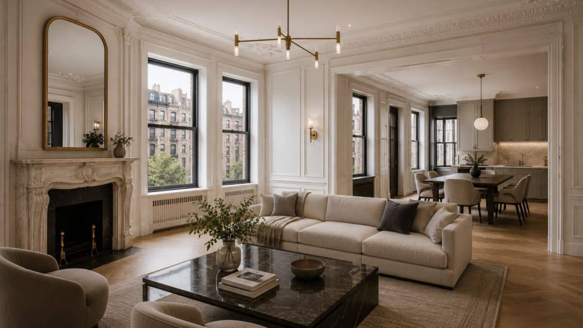 Completed pre-war Manhattan residence blending restored historic moldings, original fireplace detailing, concealed modern systems, refined contemporary furnishings, and seamless open-plan living.