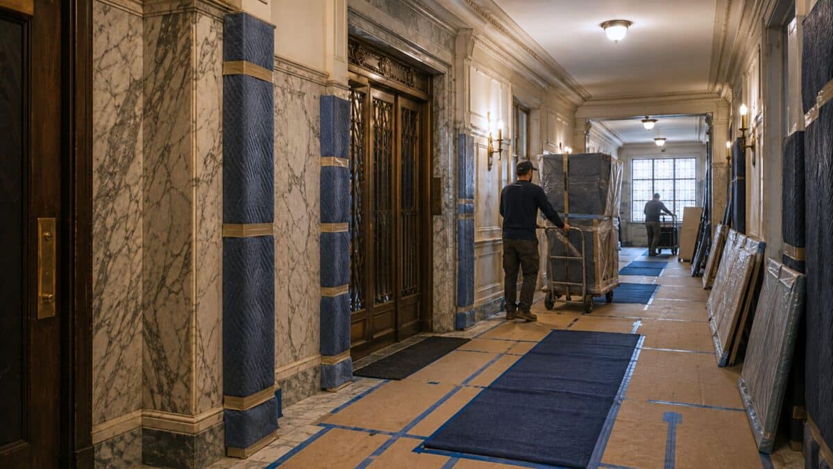 Historic Manhattan apartment-building corridor with marble walls, protected wood detailing, padded elevator surrounds, and controlled renovation logistics during landmarked-building construction.
