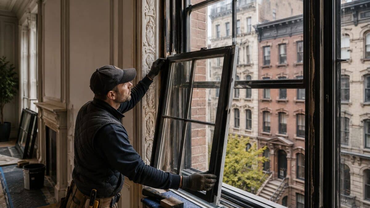 Restoration specialist installing historically accurate insulated window assemblies inside a pre-war Manhattan apartment with preserved plaster detailing and landmark brownstone streetscape views.