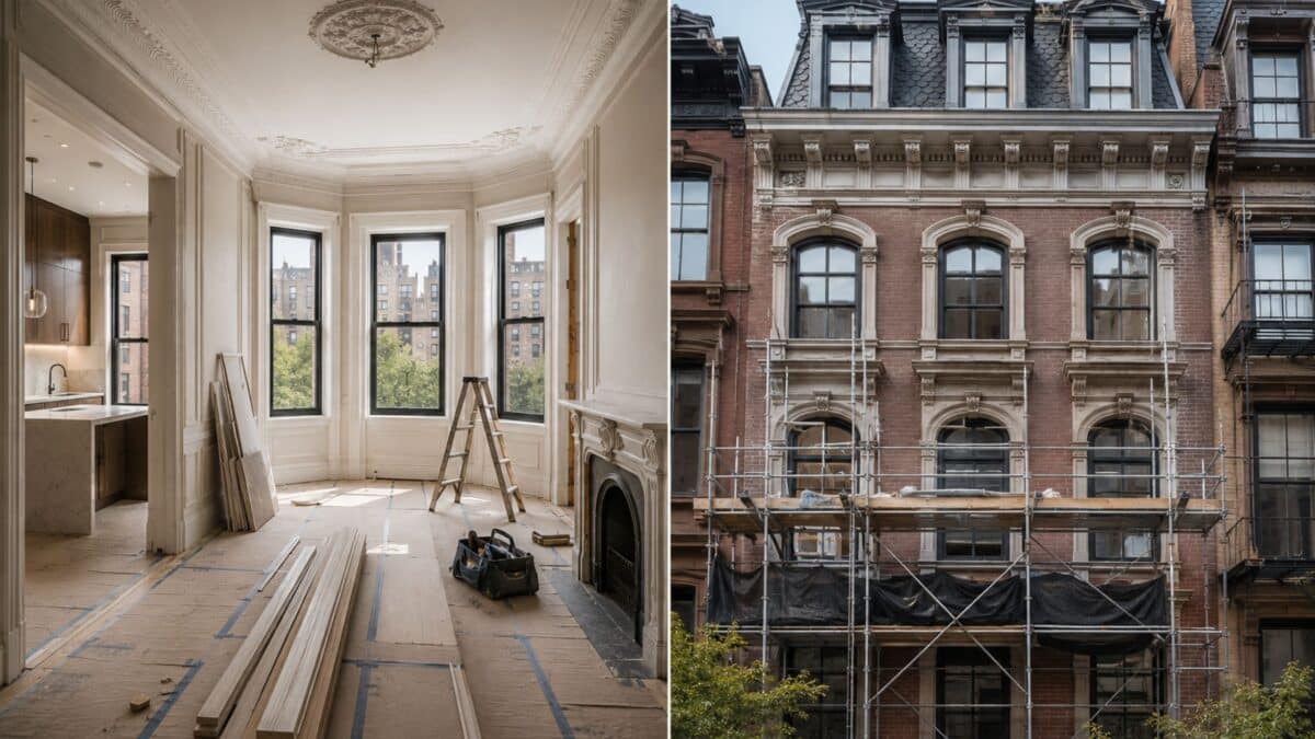 Split architectural scene showing interior landmark apartment renovation beside exterior historic-fa&ccedil;ade restoration on a Manhattan brownstone building.