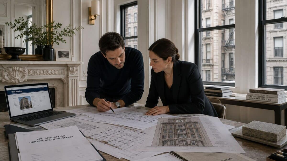 Architects reviewing landmark-renovation documentation, historic elevations, and apartment plans inside a preserved pre-war Manhattan interior with ornate molding and historic window detailing.