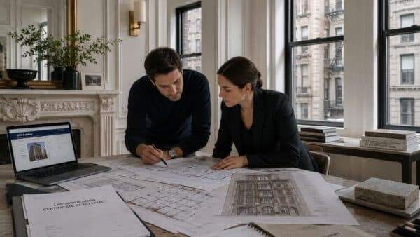 Architects reviewing landmark-renovation documentation, historic elevations, and apartment plans inside a preserved pre-war Manhattan interior with ornate molding and historic window detailing.