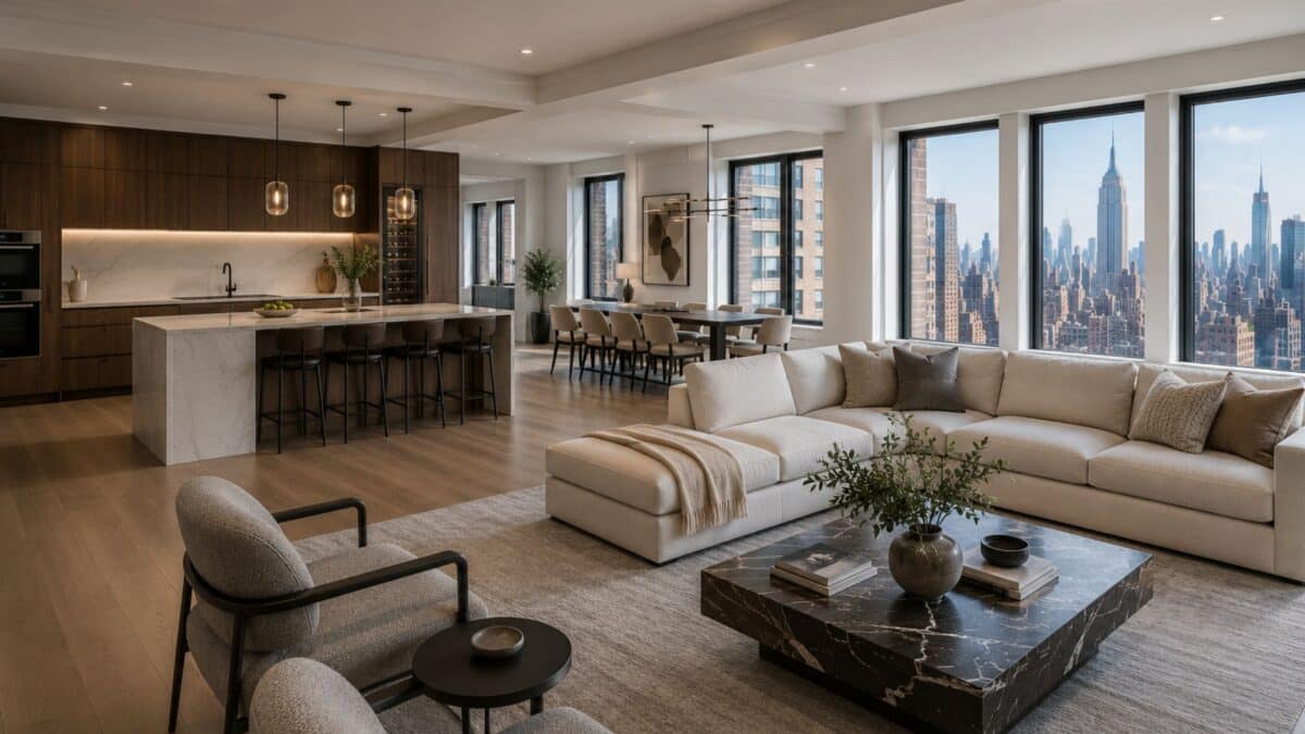 Completed Manhattan apartment combination featuring expansive open-plan living, integrated luxury kitchen, seamless circulation, panoramic skyline glazing, and refined urban-modern architectural detailing.