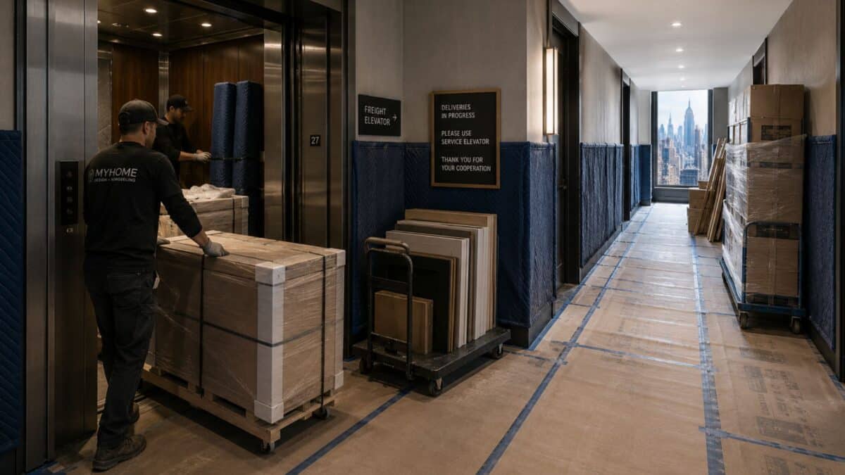 Manhattan apartment combination project with freight-elevator material staging, protected luxury-building corridors, coordinated cabinetry deliveries, and organized high-rise construction logistics.
