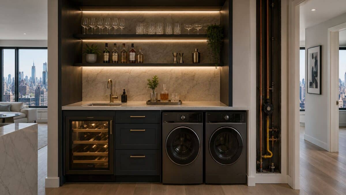 Former secondary kitchen in a Manhattan apartment combination transformed into a luxury wet bar and laundry suite with integrated millwork, capped gas infrastructure, and refined urban-modern detailing.