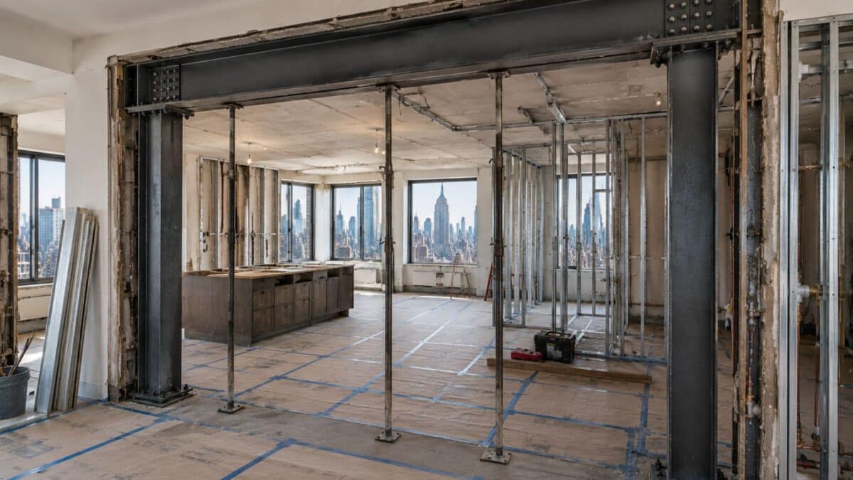 Manhattan apartment combination project featuring exposed structural steel reinforcement, temporary shoring posts, open demising wall removal, and luxury high-rise renovation infrastructure.