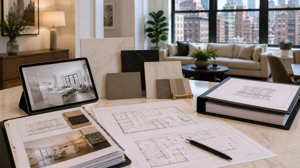 NYC renovation workspace with architectural plans, material samples, and design documents arranged in a refined apartment setting overlooking the Manhattan skyline.