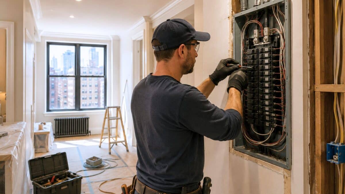 Electrician upgrading a modern breaker panel inside a NYC apartment renovation, with exposed wiring and clean construction details visible in the background.