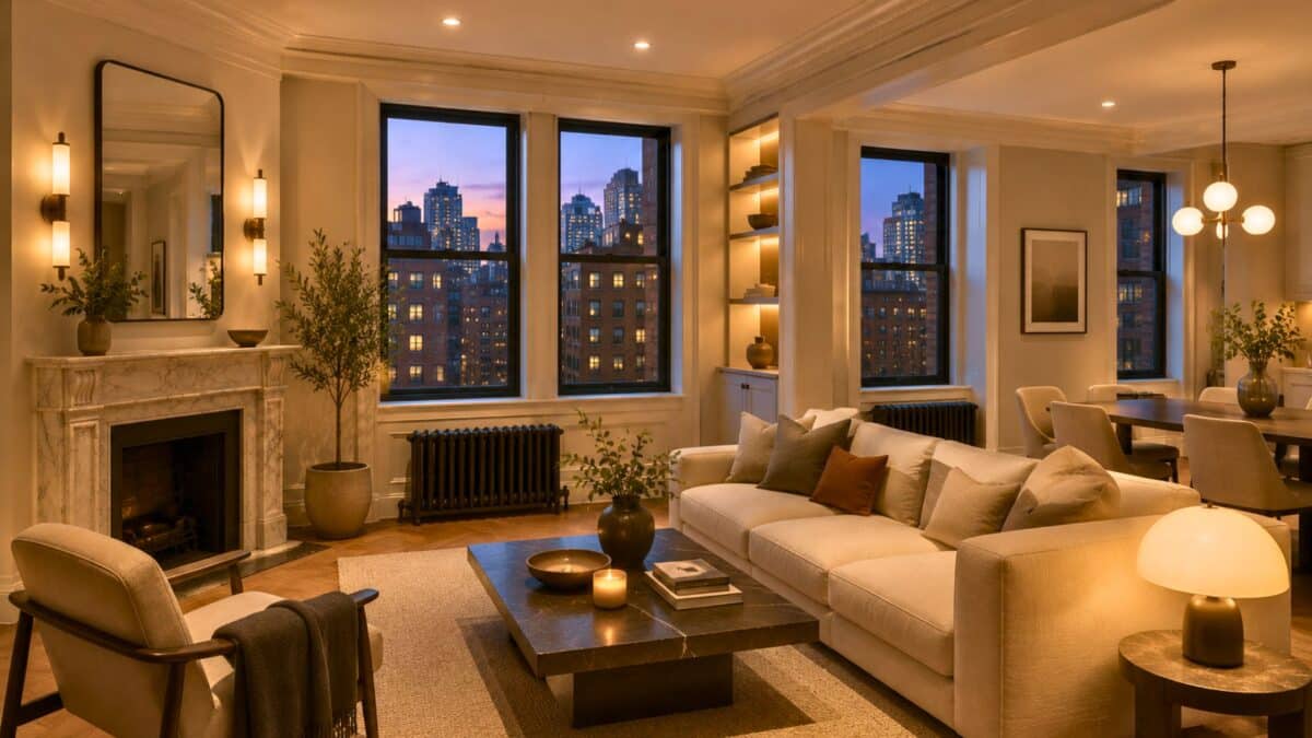 Renovated NYC apartment at dusk featuring layered ambient lighting, designer sconces, warm recessed lighting, and a softly illuminated living and dining space.