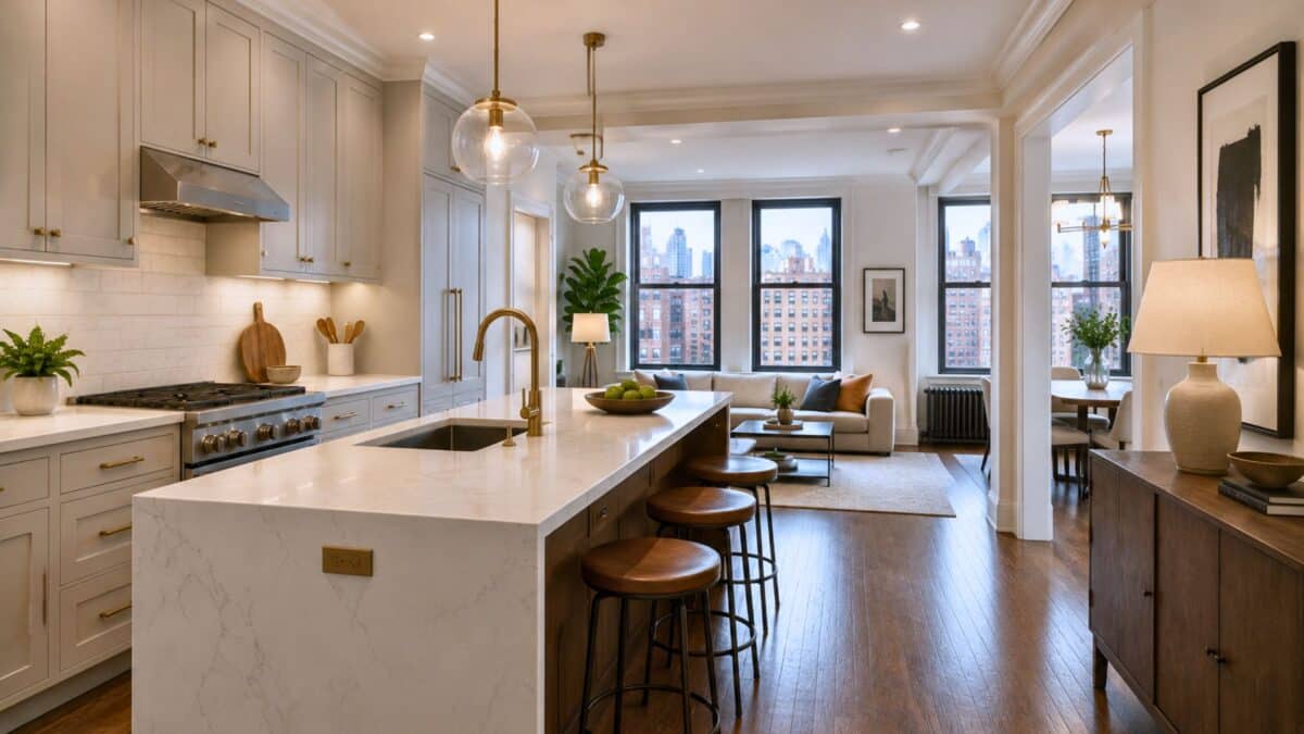 Renovated NYC co-op featuring an open kitchen with a waterfall island, designer lighting, and seamless connection to the living area, illustrating the value created through a fixer-upper renovation.