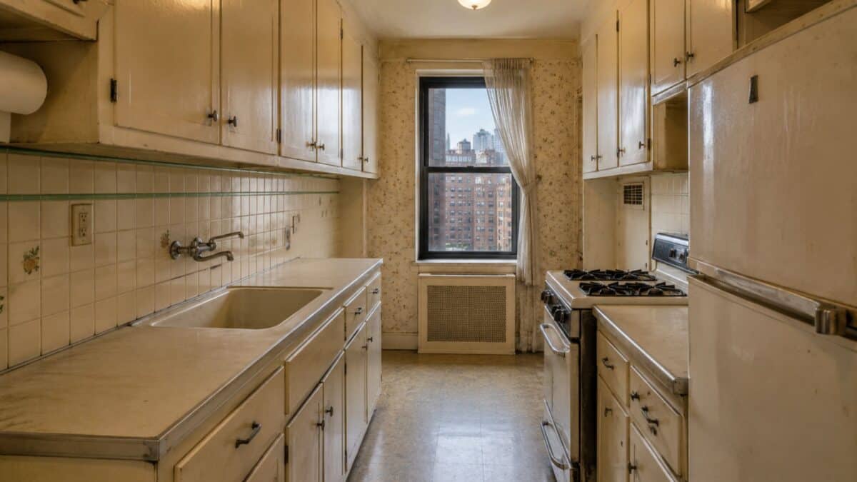 Narrow outdated galley kitchen in a NYC co-op with aging cabinetry, vintage appliances, worn countertops, and limited natural light.