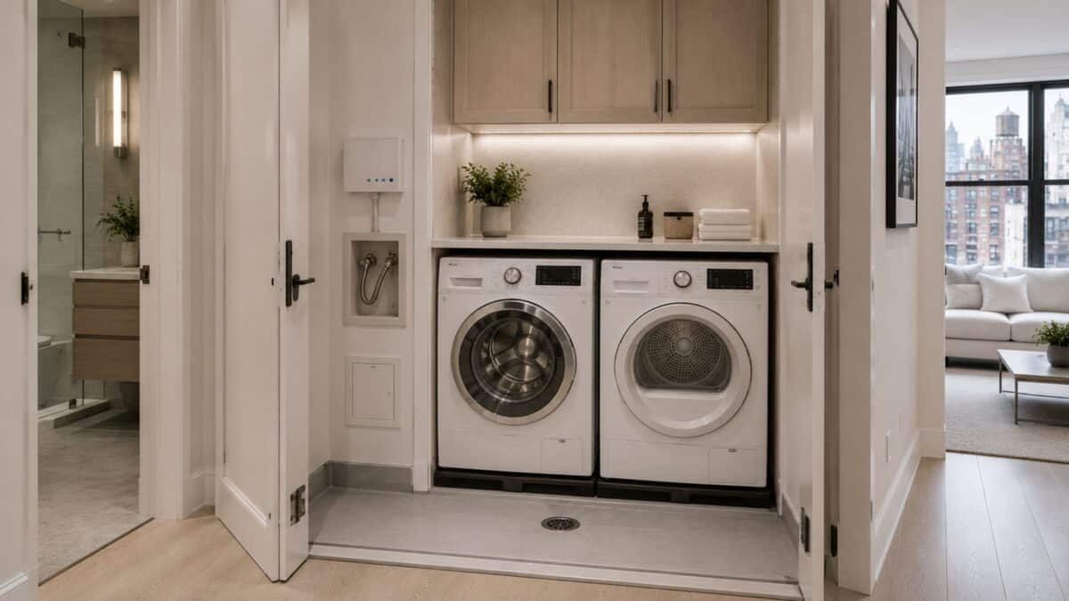 Finished NYC laundry installation featuring waterproof flooring, anti-vibration pads, integrated cabinetry, and a ventless washer-dryer setup designed for board-approved compliance.