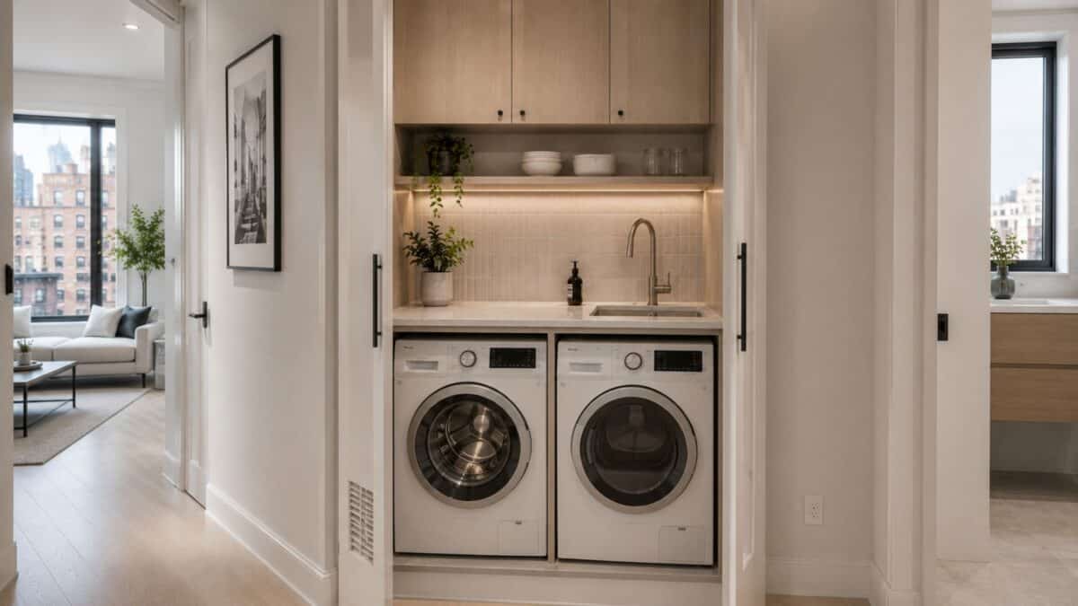 Former kitchenette niche in a NYC apartment converted into a compact luxury laundry station with integrated washer and ventless dryer concealed within custom white oak cabinetry.