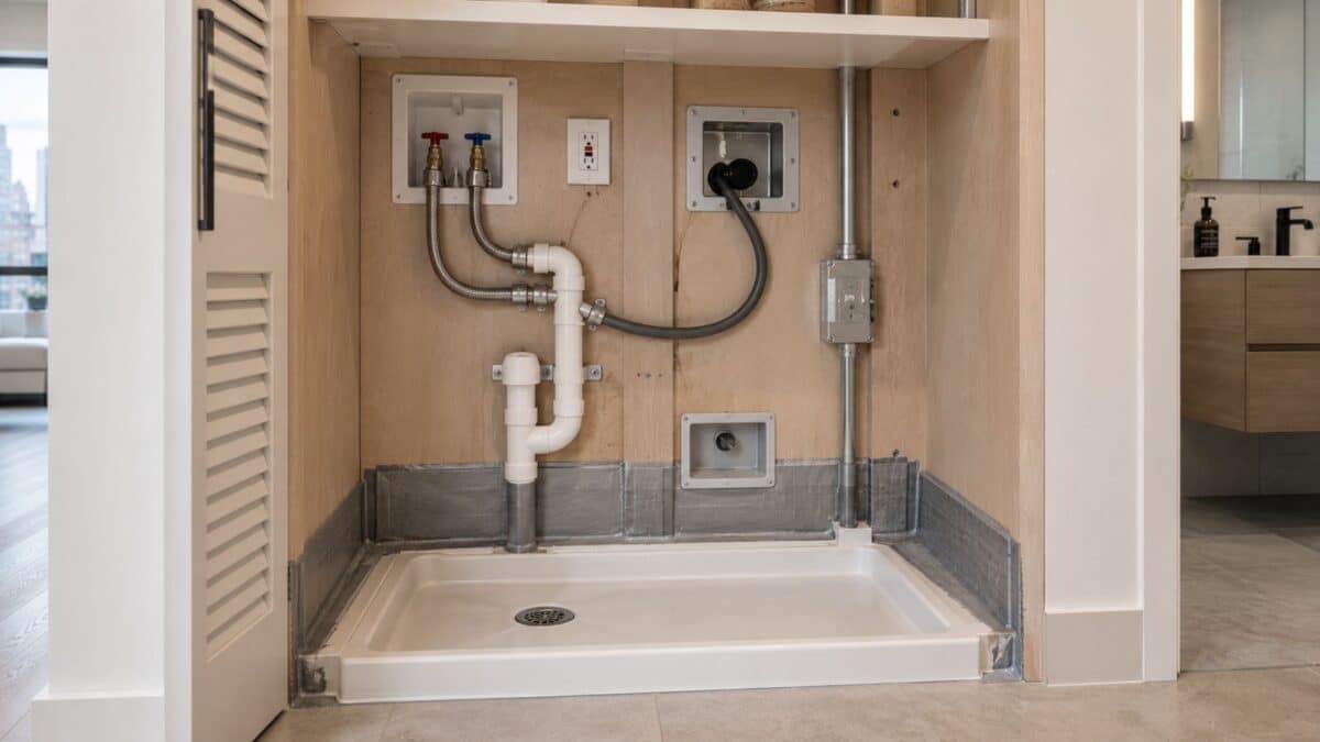 Clean NYC laundry installation alcove showing waterproof floor pan, dedicated drain assembly, plumbing hookups, and organized electrical infrastructure before appliance installation.